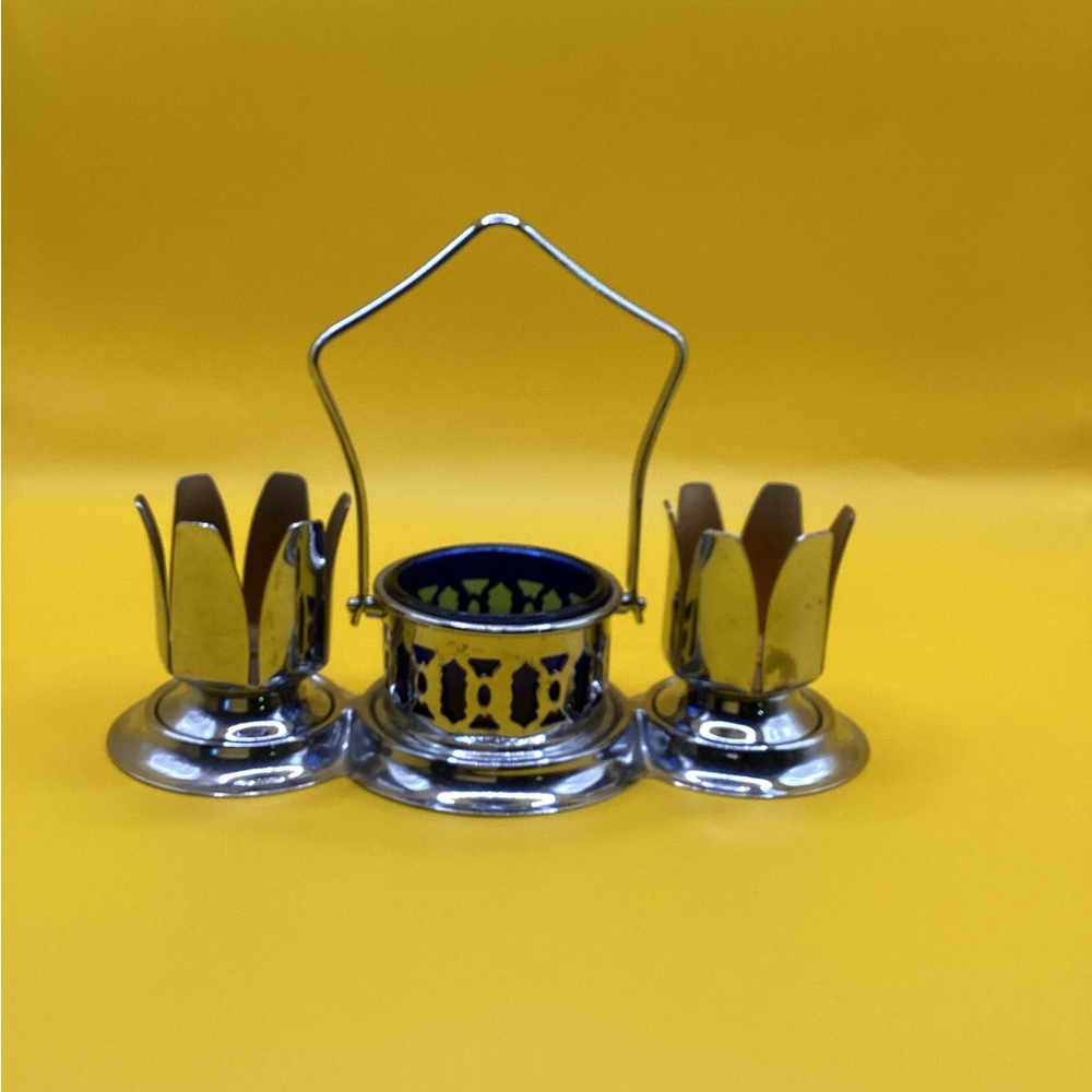 Cobalt blue and chrome plated egg holder with salt dish